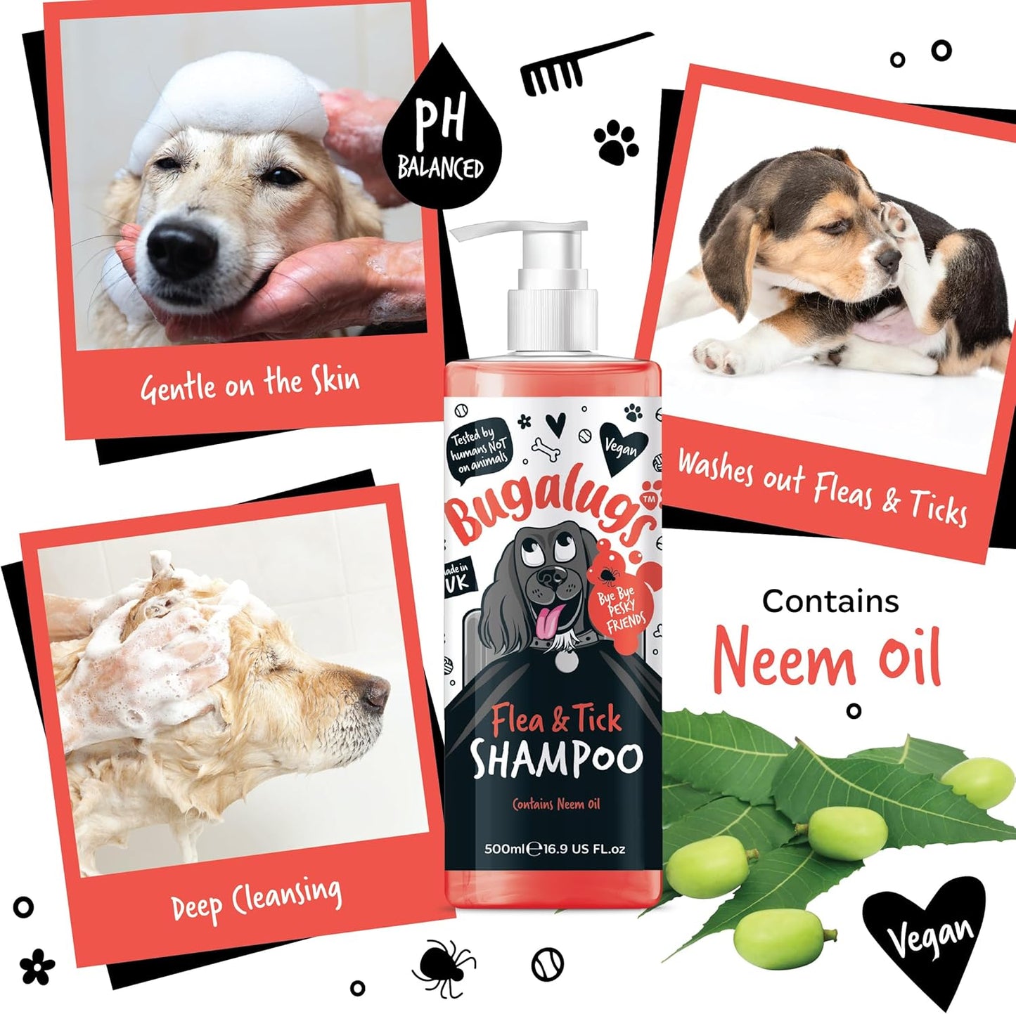 Flea and Tick Dog Shampoo by , Works on Smelly Puppies & Dogs, Contains Neem Oil & Eucalyptus Oils, PH Balanced Vegan Pet Shampoo, Used by Professional Groom